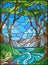 Stained glass illustration with a rocky Creek in the background of the Sunny sky, mountains, trees and fields