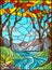 Stained glass illustration with a rocky Creek in the background of the Sunny sky, mountains, trees and fields,autumn landscape