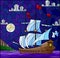 Stained glass illustration with sailboats with hite sails against the starry sky, the sea and the moon