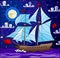 Stained glass illustration with sailboats with hite sails against the starry sky, the sea and the moon