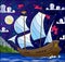 Stained glass illustration with sailboats with hite sails against the starry sky, the sea and the moon