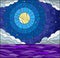 Stained glass illustration with sea landscape, sea, cloud, starry sky and moon