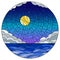 Stained glass illustration with  sea landscape, sea, cloud, starry sky and moon, round image