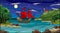 Stained glass illustration with sea views, sailing with red sails in rocky Bay on the background of sea , moon and starry sky