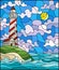 Stained glass illustration with  seascape, lighthouse  on a background of sea and Sunny sky