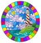 Stained glass illustration with  seascape, lighthouse  on a background of sea and Sunny sky, oval image in bright frame