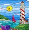 Stained glass illustration with seascape, lighthouse and sailboat on a background of sea and Sunny sky