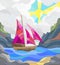 Stained glass illustration with seascape, sailboat against a background of clouds, mountains and sun