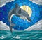 Stained glass illustration with a shark on the background of water ,cloud, starry sky and moon