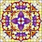 Stained glass illustration with  square mirror image with floral ornaments and swirls,red and purple patterns on yellow background