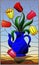 Stained glass illustration with still life, blue jug with colorful tulips