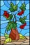 Stained glass illustration with still life, Bouquet of branches of viburnum in ceramic vase and yellow pears on a blue background