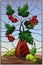 Stained glass illustration with still life, Bouquet of branches of viburnum in ceramic vase and yellow pears on a blue background