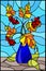 Stained glass illustration with still life, Bouquet of branches of viburnum in ceramic vase and yellow pears on a blue background