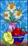 Stained glass illustration with  still life , a bouquet of daffodils in a vase and fruit in a bowl on a table on a blue background