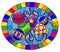 Stained glass illustration with still life of new year toys and serpentine, oval image in frame