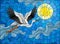 Stained glass illustration stork on the background of sky, sun and clouds
