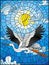 Stained glass illustration stork on the background of sky, sun and clouds