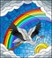 Stained glass illustration stork on the background of sky, sun , clouds and rainbow