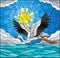 Stained glass illustration stork on the background of sky, sun , clouds and water