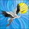 Stained glass illustration stork on the background of sky, sun and sun