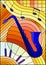 Stained glass illustration on the subject of music , the shape of an abstract blue saxophone on orange geometric background