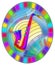 Stained glass illustration on the subject of music , the shape of an abstract saxophone on geometric background, oval image in br