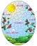 Stained glass illustration with  a summer landscape , Apple tree branches, Sunny sky and clouds, oval image