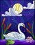 Stained glass illustration with Swan , Lotus flowers and reeds on a pond in the moon, starry sky and clouds