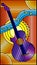 Stained glass illustration on the theme of music, abstract purple guitar and notes on an orange background