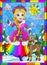 Stained glass illustration  on the theme of winter holidays, a cheerful cartoon of a girl and a fawn, against the background of a