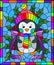 Stained glass illustration on the theme of the winter holidays of Christmas and New year, a toy penguin on the background of Holly