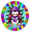 Stained glass illustration on the theme of the winter holidays of Christmas and New year, a toy penguin on the background of Holly