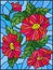 Stained glass illustration with three bright red flowers, buds and leaves on a blue background