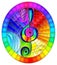 Stained glass illustration with a treble clef on an abstract rainbow background, oval image in a bright frame