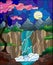 Stained glass illustration ,the tree on the background of a waterfall, mountains, sun and sky with cherry blossoms in the