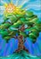 Stained glass illustration with tree on sky background and sun