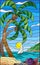 Stained glass illustration with a tropical sea, landscape, coconut trees and shells on the sandy beach, a sailboat with a white sa