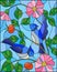 Stained glass illustration with two blue jays on the branches of blooming wild rose on a background sky