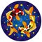 Stained glass illustration with  two koi carp fish on a blue background with stars, round image