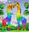 Stained glass illustration with  two rainbow abstract giraffes on a background of green and sky