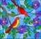 Stained glass illustration with two two bright red birds on the branches of blooming wild rose on a background sky