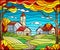 Stained glass illustration , urban autumn landscape,roofs and trees against the day sky and sun