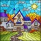 Stained glass illustration , urban autumn landscape,roofs and trees against the day sky and sun