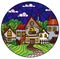 Stained glass illustration with  an urban landscape, cozy village houses against the night sky, oval image