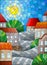 Stained glass illustration urban landscape,roofs and trees against the day sky and sun