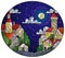 Stained glass illustration with urban landscape,roofs and trees against the starry nighr sky and moon, oval image