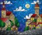 Stained glass illustration , urban landscape,roofs and trees against the starry sky,clouds and moon
