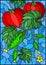 Stained glass illustration with  vegetable composition, ripe tomatoes, cucumbers and leaves on a blue background