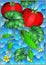 Stained glass illustration with vegetable composition, ripe tomatoes, cucumbers and leaves on a blue background